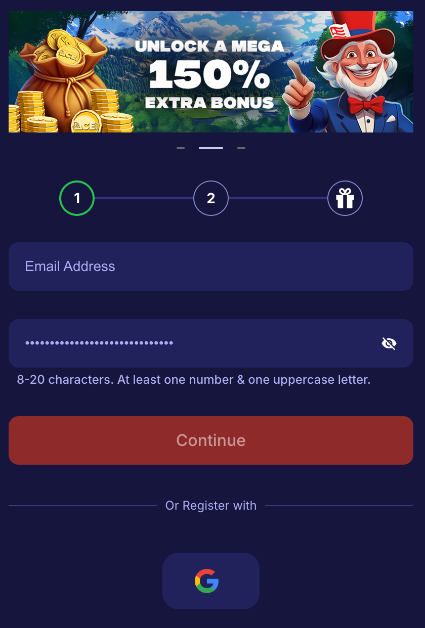 register email and password information screenshot